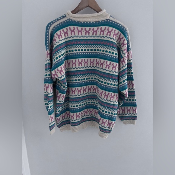 Vintage le cotonnier Patterned Teal and Pink 100% cotton crew neck Sweater - Picture 4 of 7